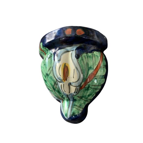 Talevera Hanging Wall Pocket Mexican Pottery Calla Lily Flowers & Cobalt Blue - Picture 2 of 5